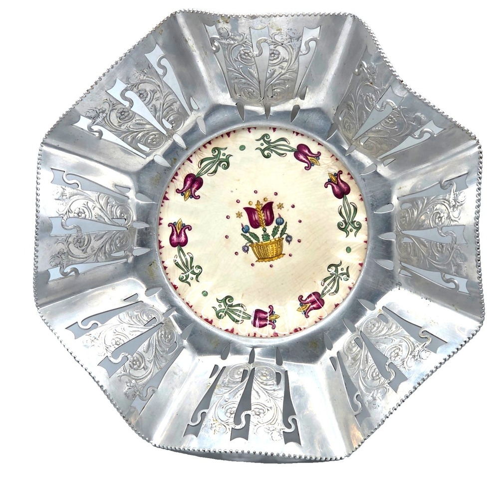 American Limoges Old Dutch‎ Tulips Pattern Farber Shlevin Aluminum Wavy Bowl 12"